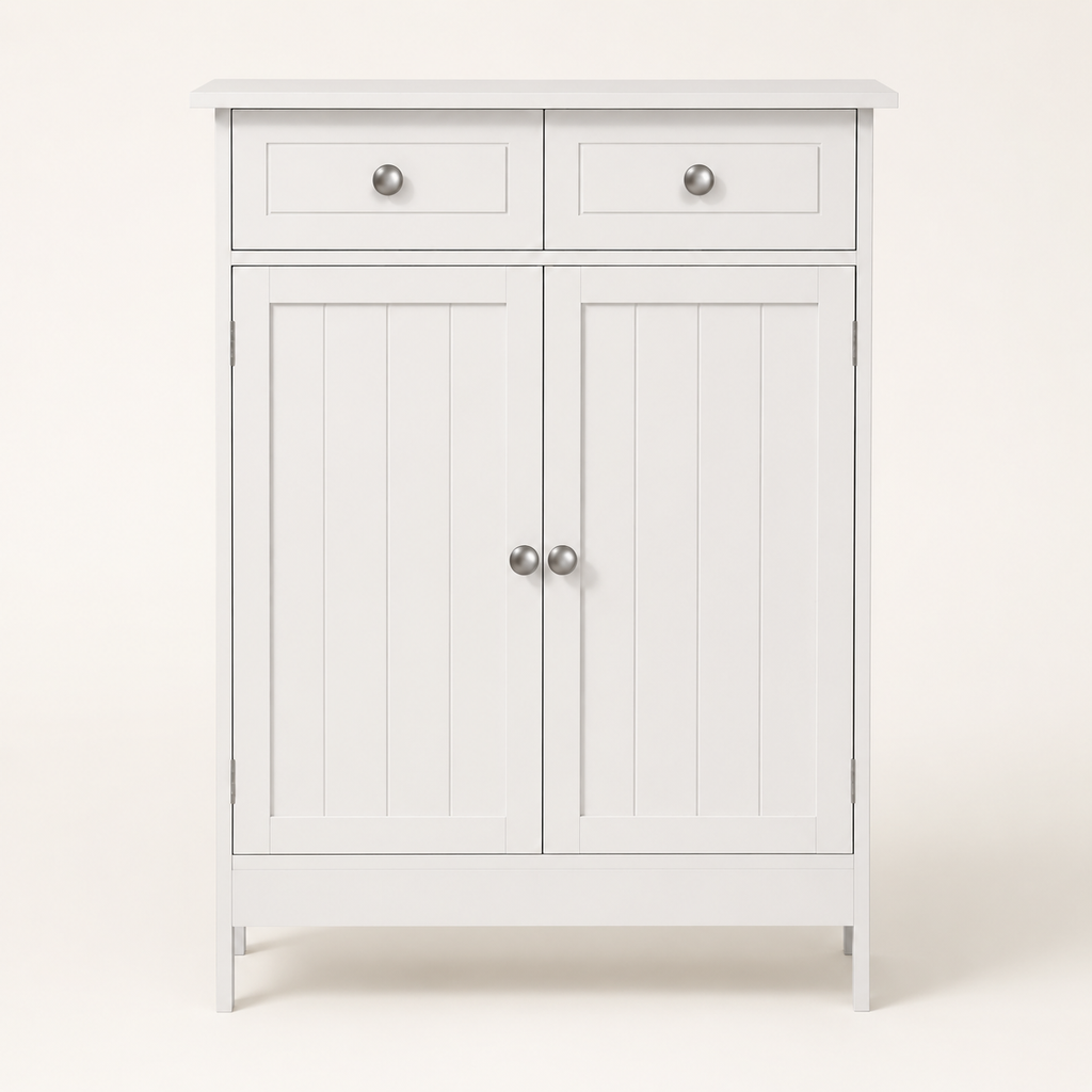 Freestanding Bathroom Storage Cabinet with 2 Drawers & Cupboard – MDF, White, 60×30×75cm