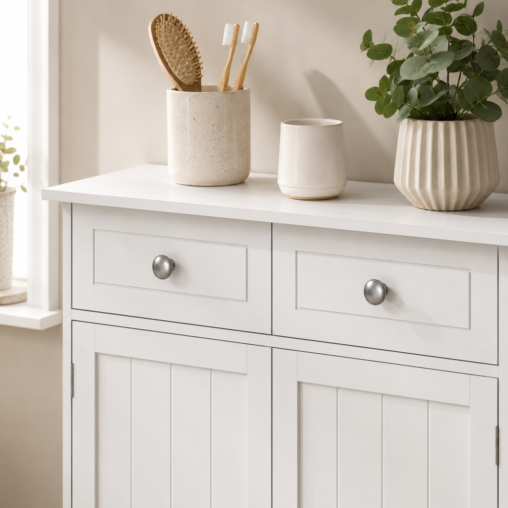 Freestanding Bathroom Storage Cabinet with 2 Drawers & Cupboard – MDF, White, 60×30×75cm
