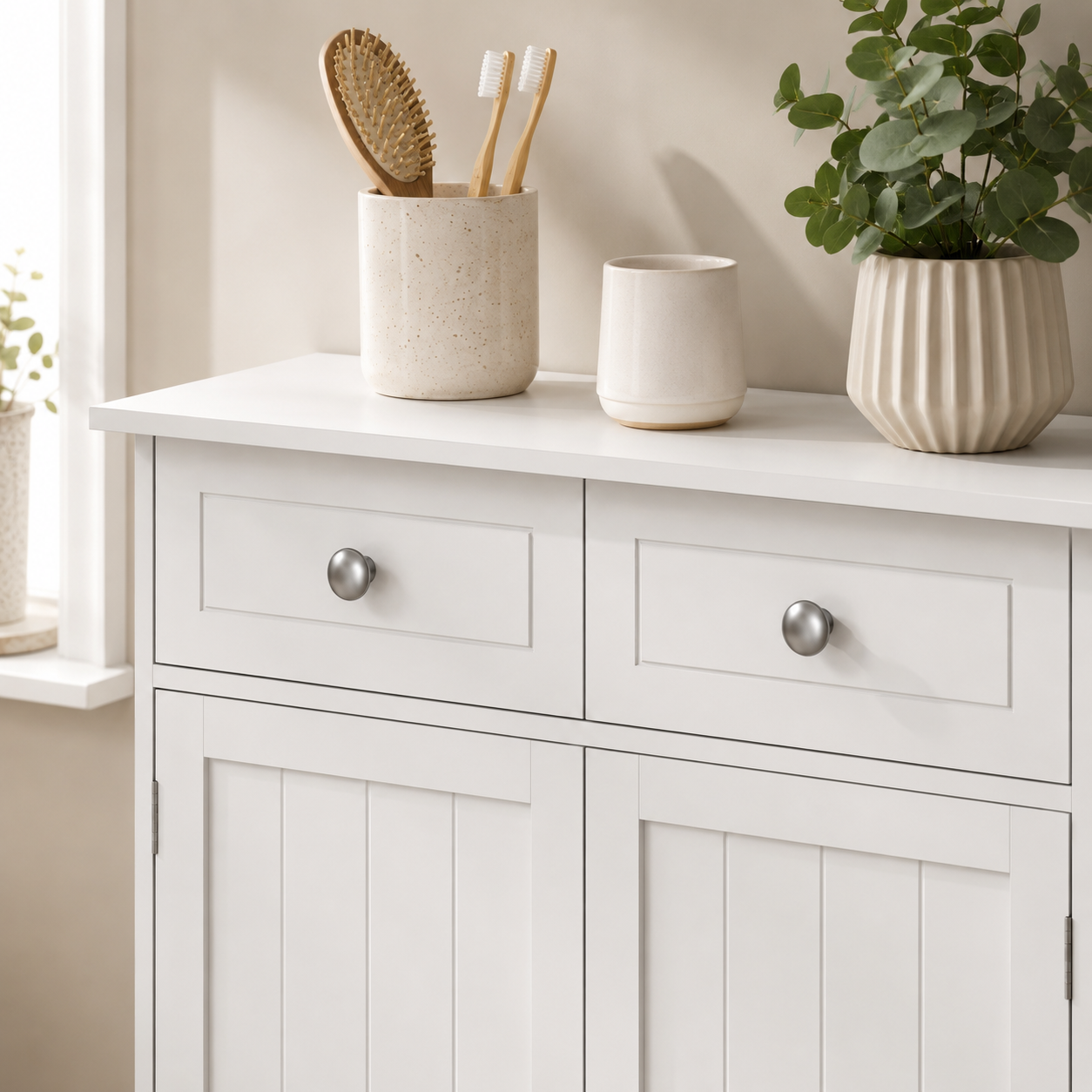 Freestanding Bathroom Storage Cabinet with 2 Drawers & Cupboard – MDF, White, 60×30×75cm