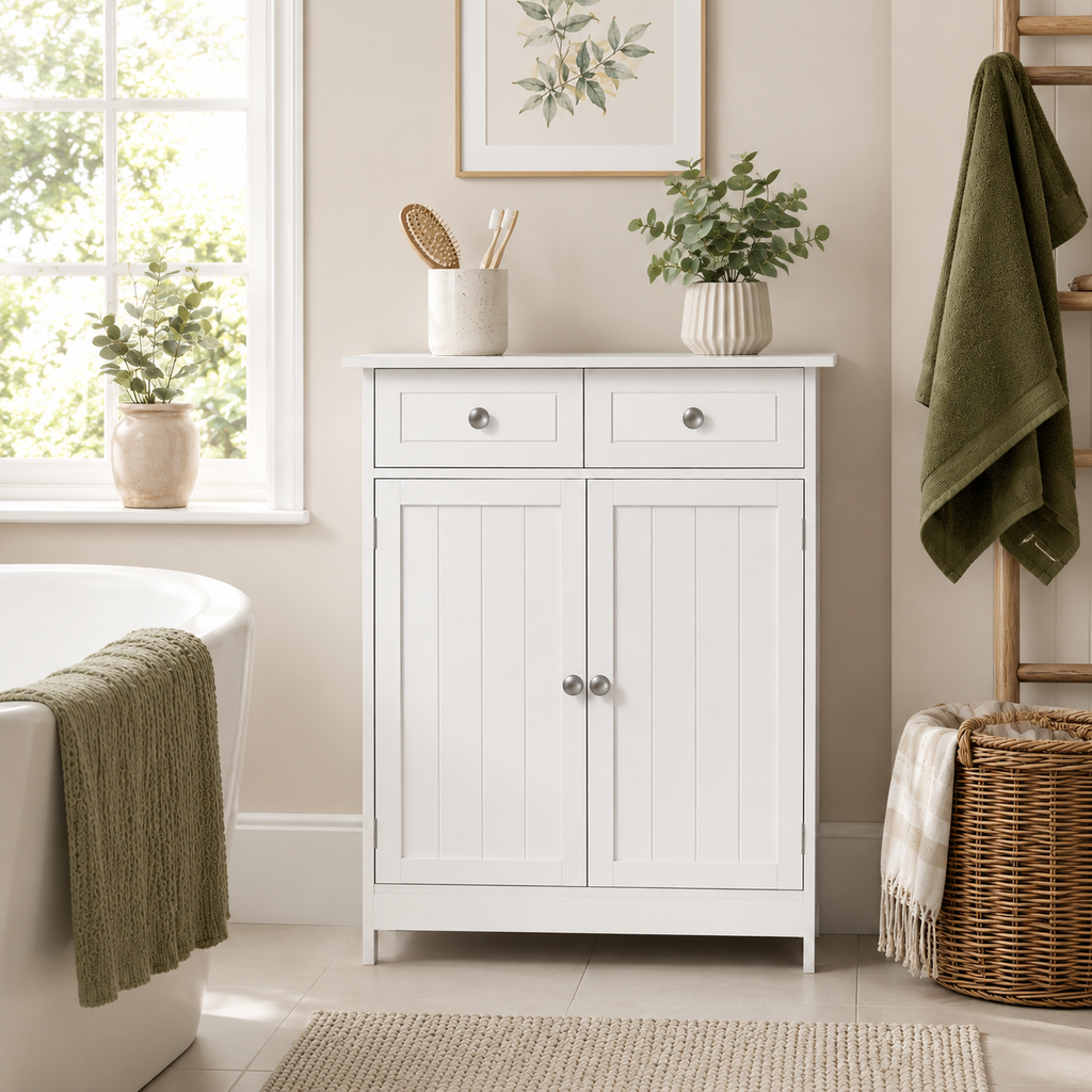 Freestanding Bathroom Storage Cabinet with 2 Drawers & Cupboard – MDF, White, 60×30×75cm