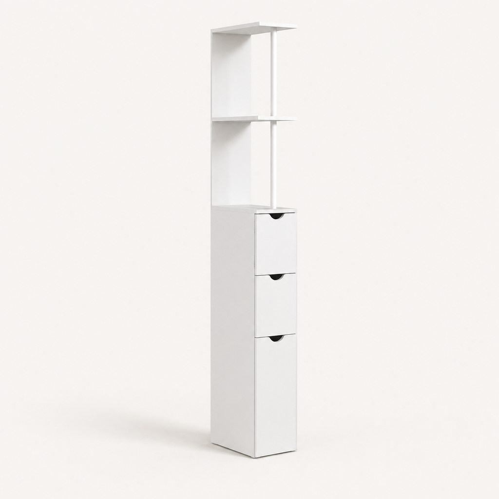 Bathroom Storage Cabinet – Tall Slim Cupboard, 2-Tier Shelf, Drawers, White