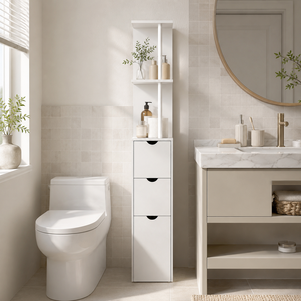 Bathroom Storage Cabinet – Tall Slim Cupboard, 2-Tier Shelf, Drawers, White