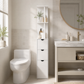 Bathroom Storage Cabinet – Tall Slim Cupboard, 2-Tier Shelf, Drawers, White
