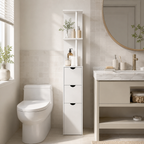 Bathroom Storage Cabinet – Tall Slim Cupboard, 2-Tier Shelf, Drawers, White