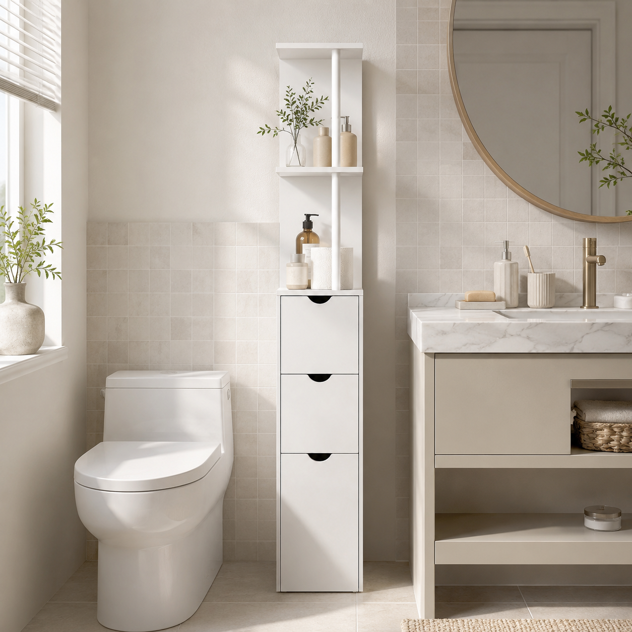 Bathroom Storage Cabinet – Tall Slim Cupboard, 2-Tier Shelf, Drawers, White