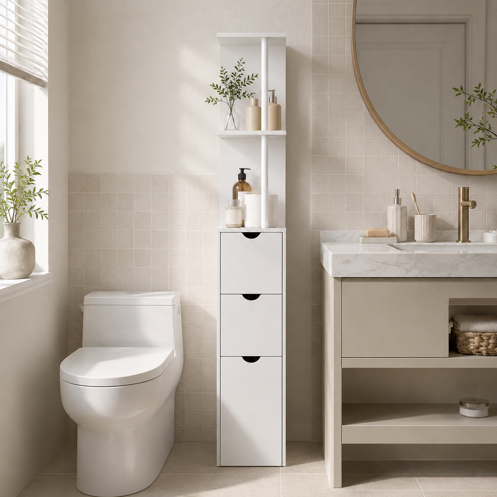 Bathroom Storage Cabinet – Tall Slim Cupboard, 2-Tier Shelf, Drawers, White