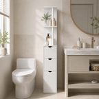 Bathroom Storage Cabinet – Tall Slim Cupboard, 2-Tier Shelf, Drawers, White