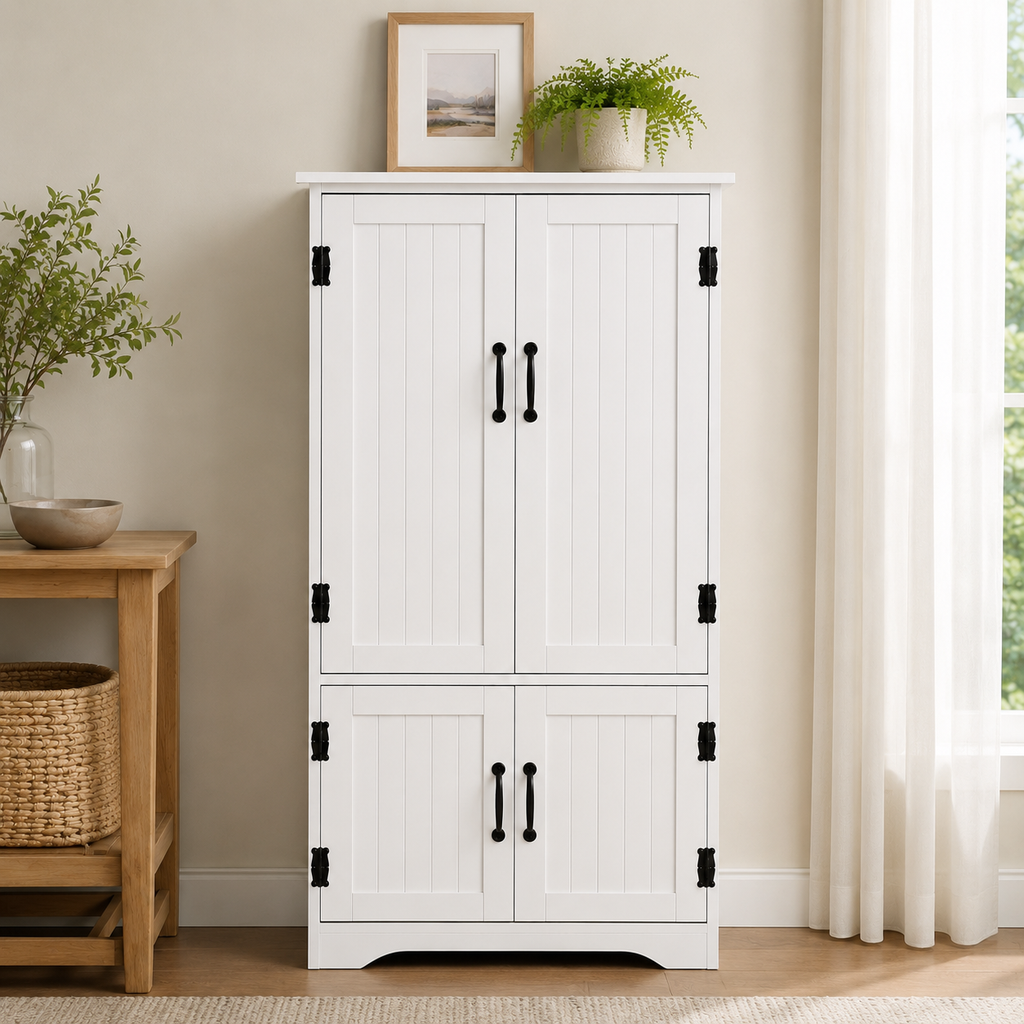 Tall Storage Cabinet with 4 Doors & Adjustable Shelves – MDF, White, 60×30×123cm