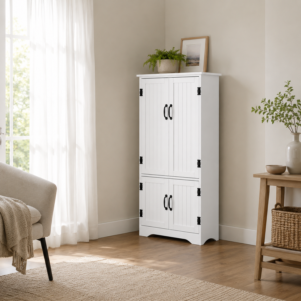 Tall Storage Cabinet with 4 Doors & Adjustable Shelves – MDF, White, 60×30×123cm