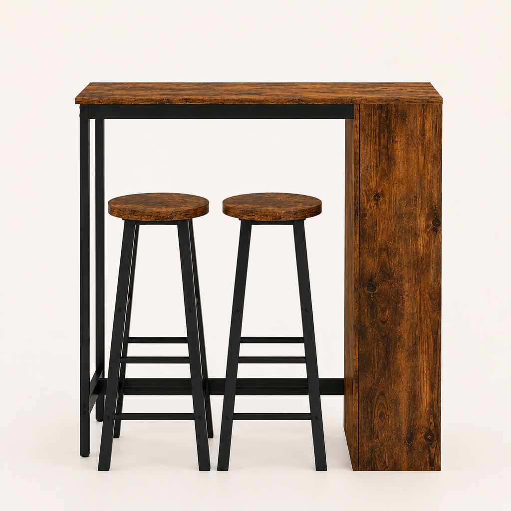 Bar Table & Stool Set Industrial 3-Piece – Metal & Particle Board, Rustic Brown, Table 91 × 91 cm