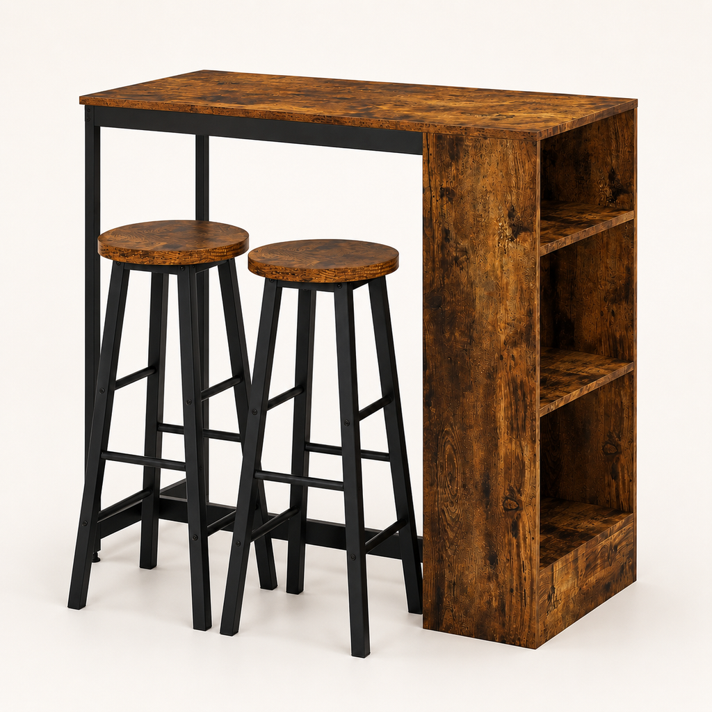 Bar Table & Stool Set Industrial 3-Piece – Metal & Particle Board, Rustic Brown, Table 91 × 91 cm