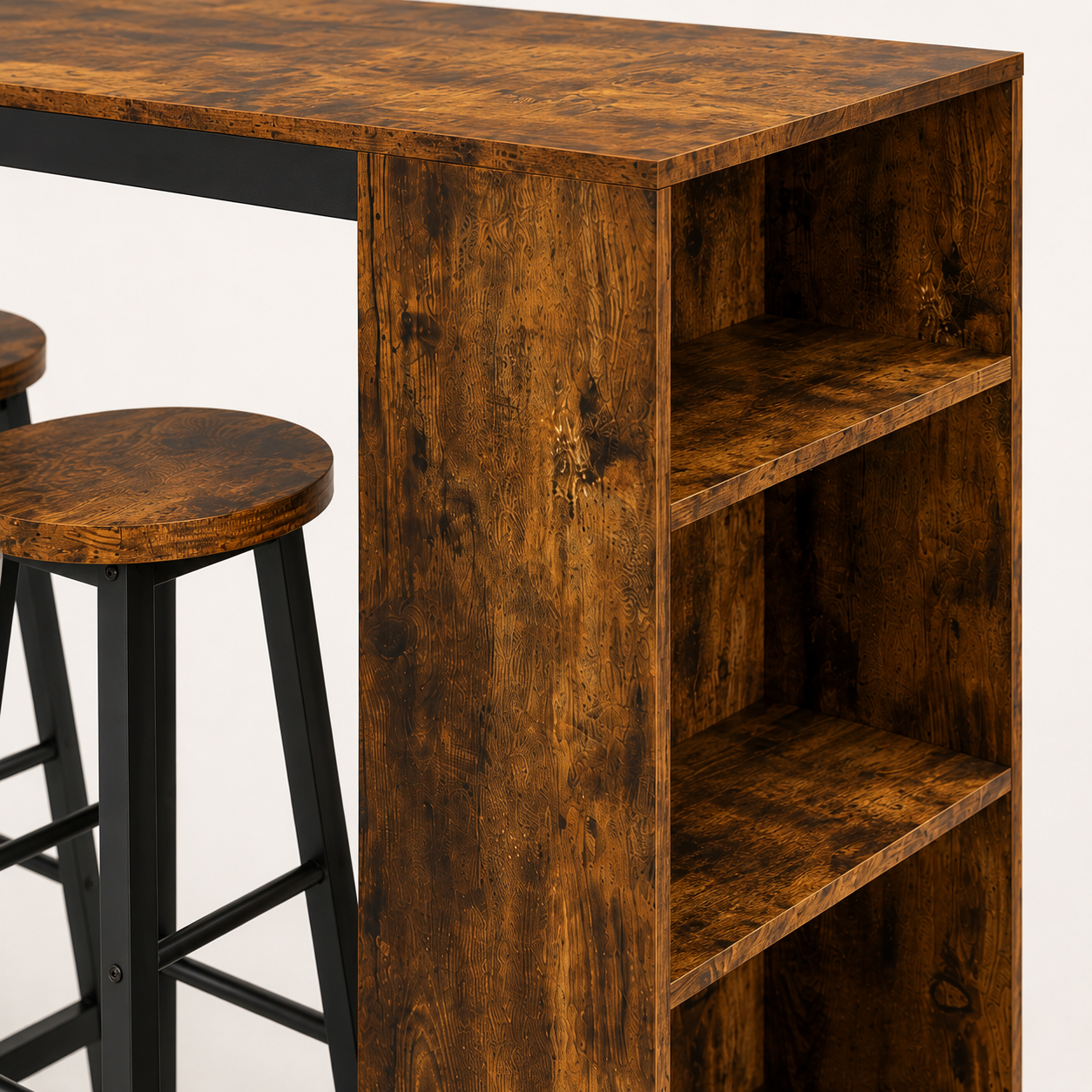 Bar Table & Stool Set Industrial 3-Piece – Metal & Particle Board, Rustic Brown, Table 91 × 91 cm
