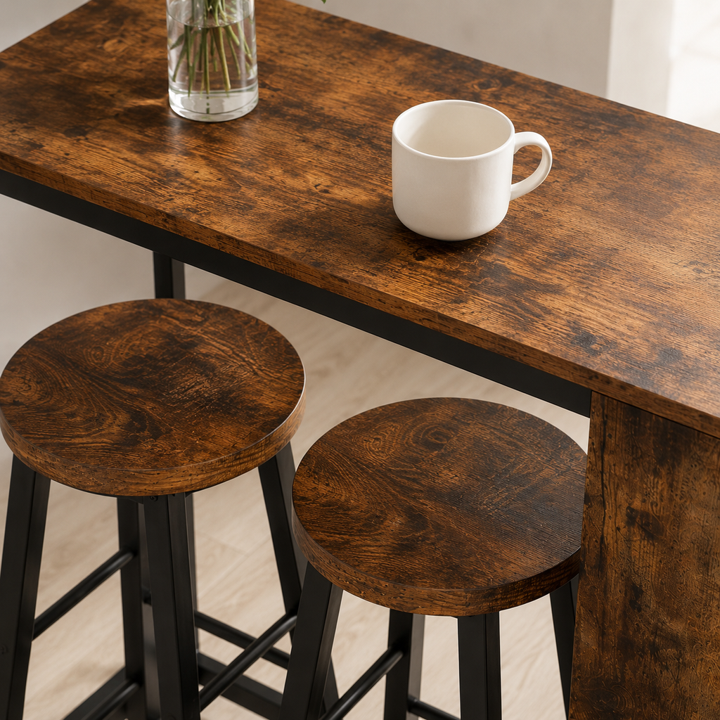 Bar Table & Stool Set Industrial 3-Piece – Metal & Particle Board, Rustic Brown, Table 91 × 91 cm