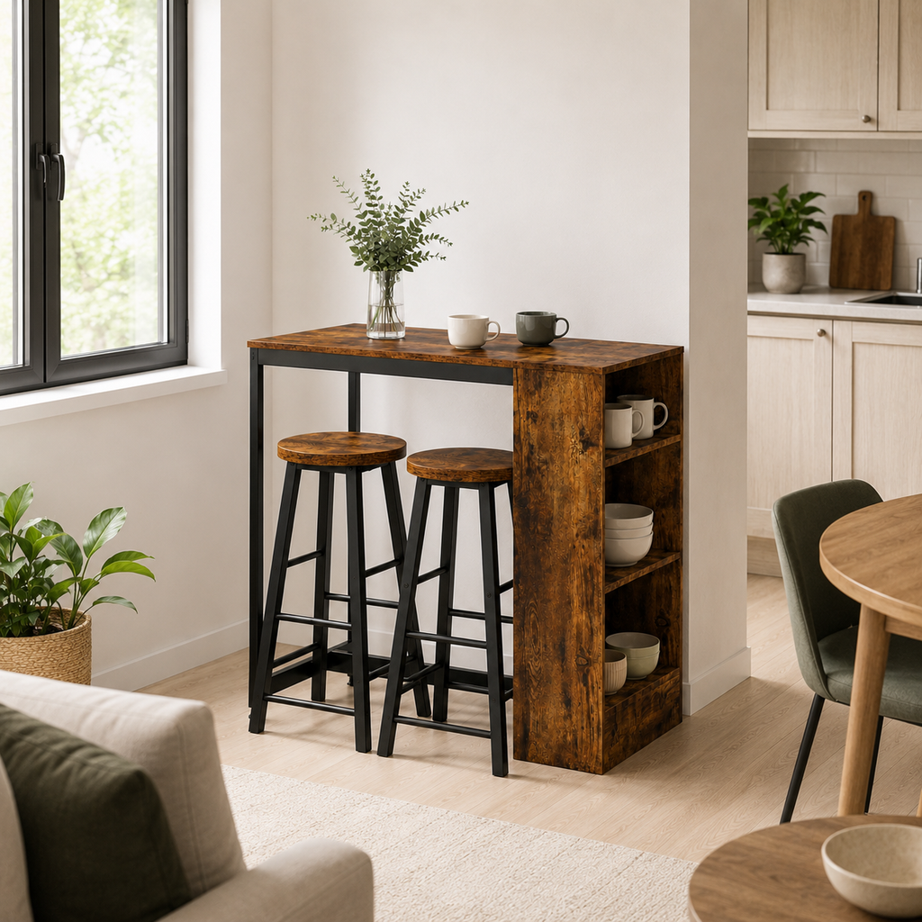 Bar Table & Stool Set Industrial 3-Piece – Metal & Particle Board, Rustic Brown, Table 91 × 91 cm