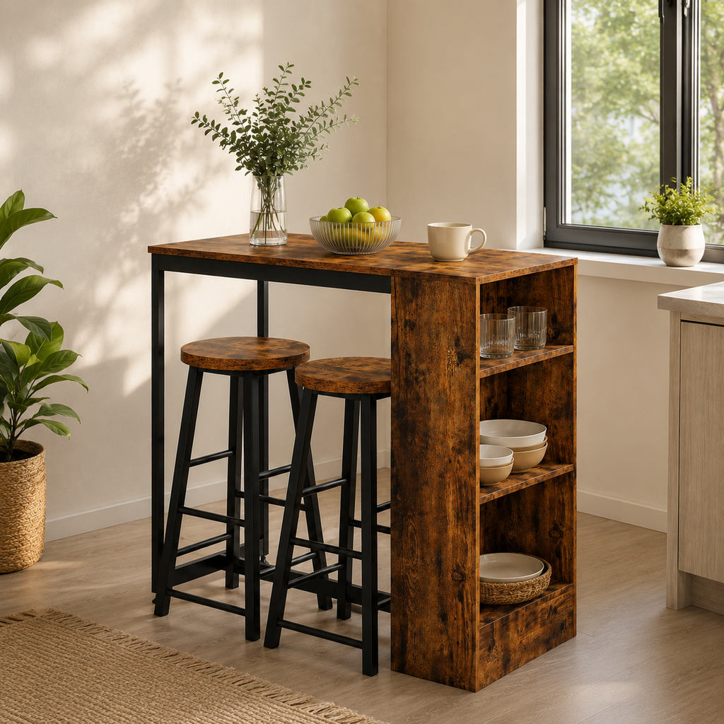 Bar Table & Stool Set Industrial 3-Piece – Metal & Particle Board, Rustic Brown, Table 91 × 91 cm