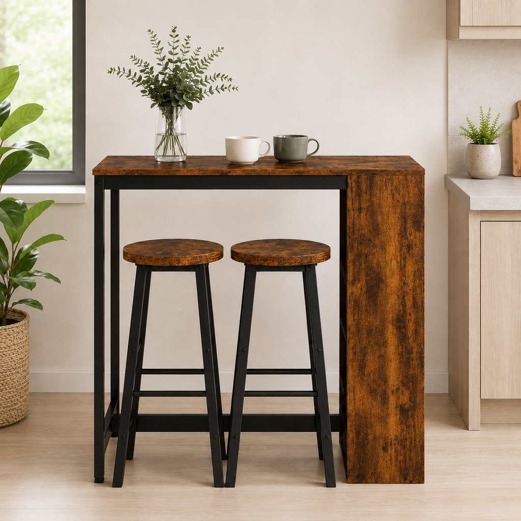 Bar Table & Stool Set Industrial 3-Piece – Metal & Particle Board, Rustic Brown, Table 91 × 91 cm
