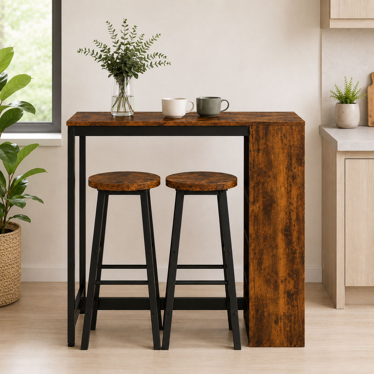 Bar Table & Stool Set Industrial 3-Piece – Metal & Particle Board, Rustic Brown, Table 91 × 91 cm