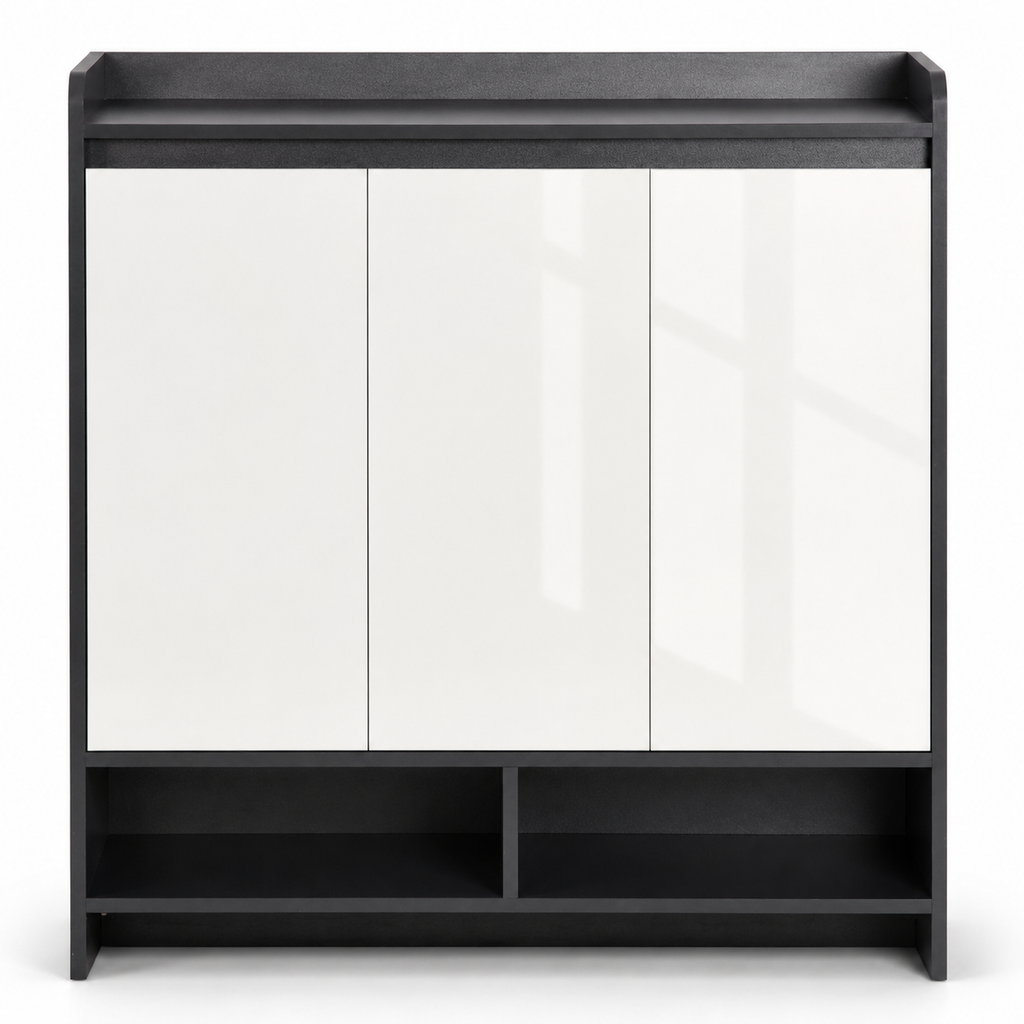Shoe Cabinet – High-Gloss, 2 Doors & Open Shelves, 19 Pairs, Grey