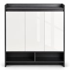 Shoe Cabinet – High-Gloss, 2 Doors & Open Shelves, 19 Pairs, Grey