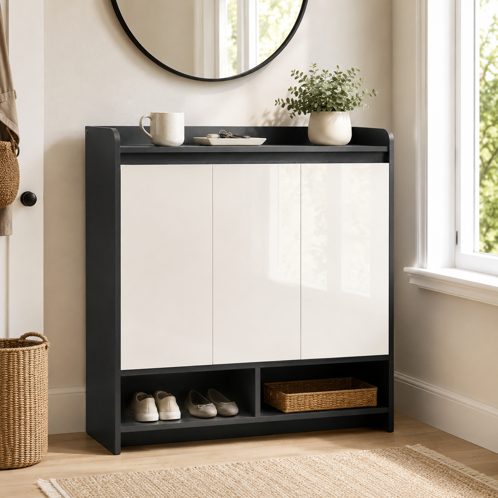 Shoe Cabinet – High-Gloss, 2 Doors & Open Shelves, 19 Pairs, Grey