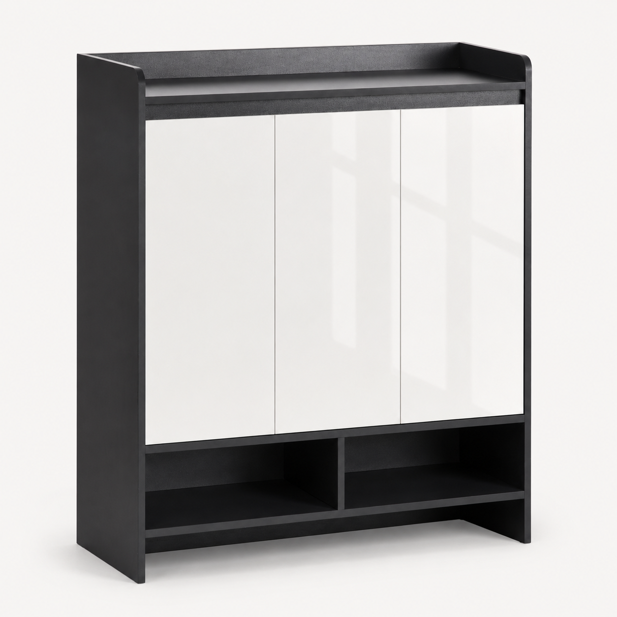 Shoe Cabinet – High-Gloss, 2 Doors & Open Shelves, 19 Pairs, Grey
