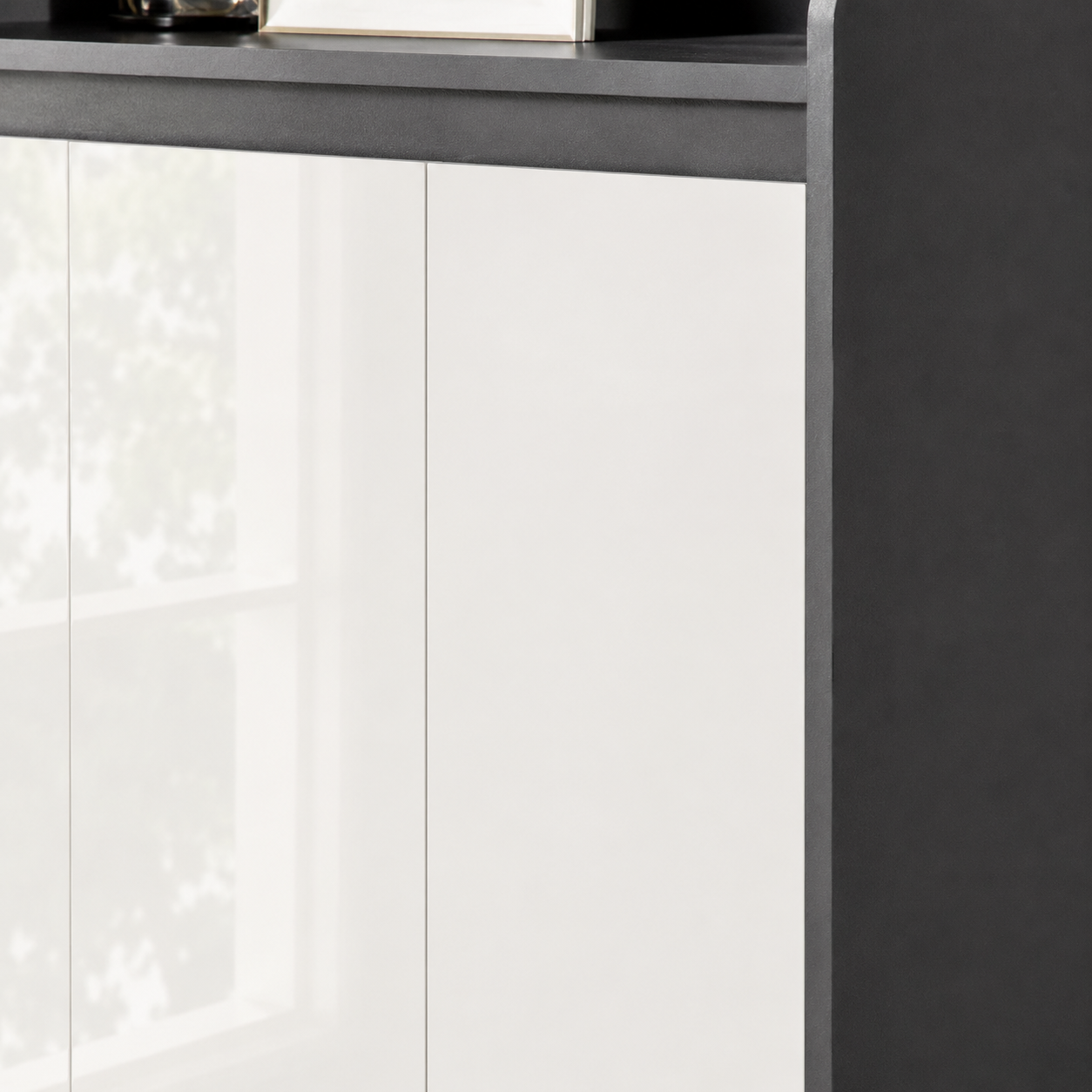 Shoe Cabinet – High-Gloss, 2 Doors & Open Shelves, 19 Pairs, Grey