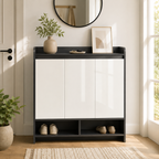 Shoe Cabinet – High-Gloss, 2 Doors & Open Shelves, 19 Pairs, Grey
