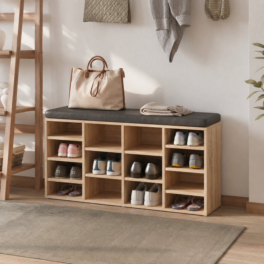 Shoe Rack – 14 Compartments, 6 Large & 8 Standard, Removable Shelves, Brown