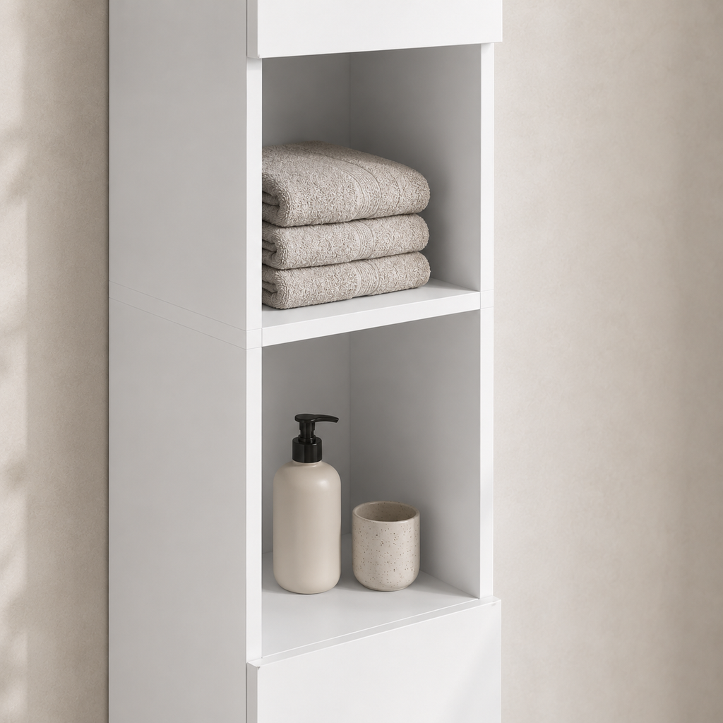 Bathroom Cabinet – Kleankin, High-Gloss Freestanding Tower, Cupboards & Open Shelves, White, 30×30×181.5cm