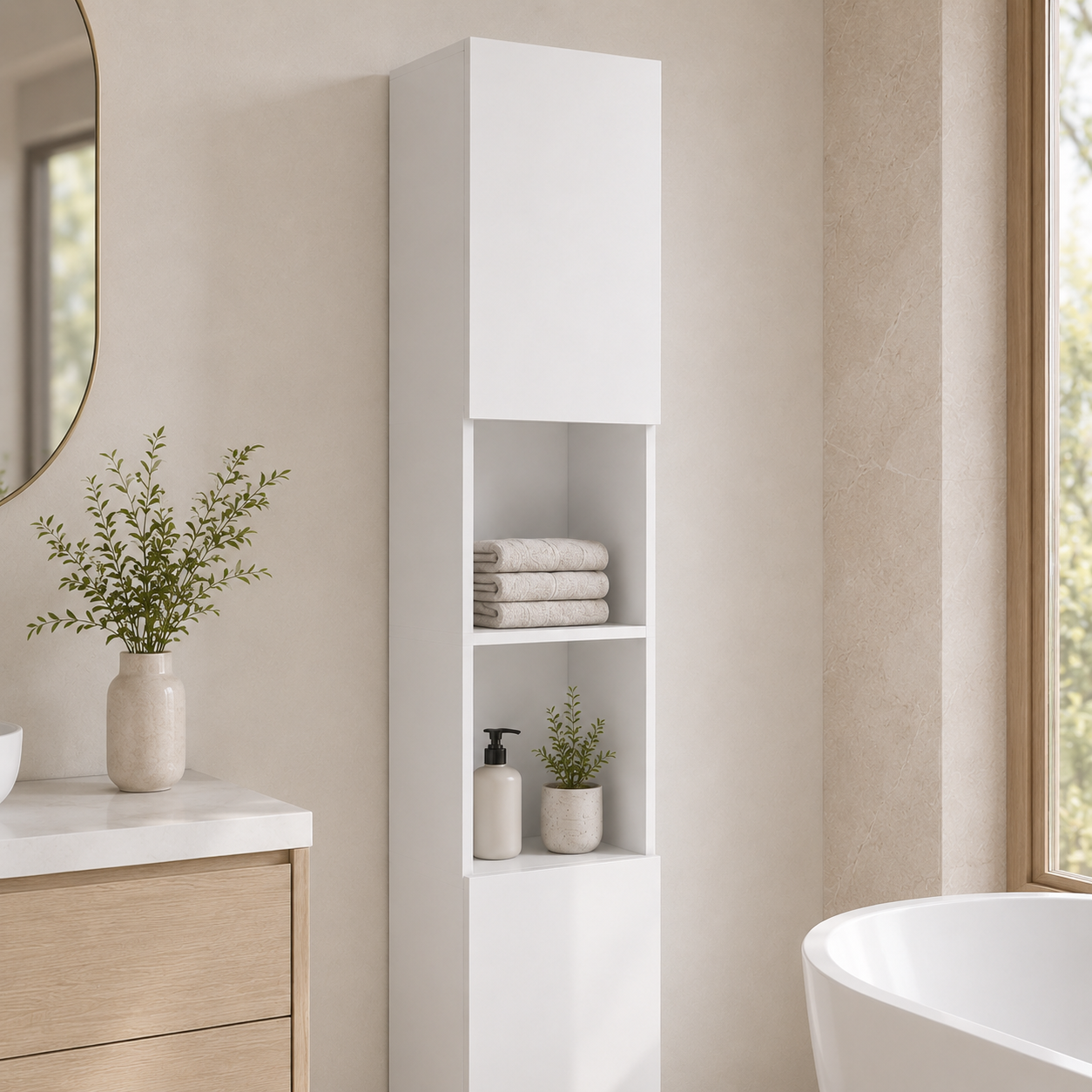 Bathroom Cabinet – Kleankin, High-Gloss Freestanding Tower, Cupboards & Open Shelves, White, 30×30×181.5cm