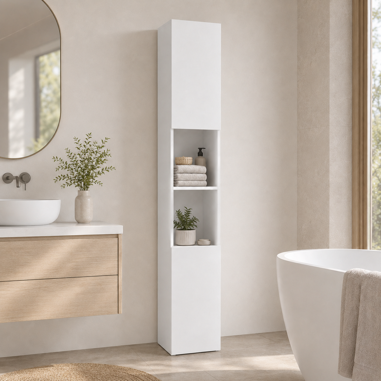 Bathroom Cabinet – Kleankin, High-Gloss Freestanding Tower, Cupboards & Open Shelves, White, 30×30×181.5cm