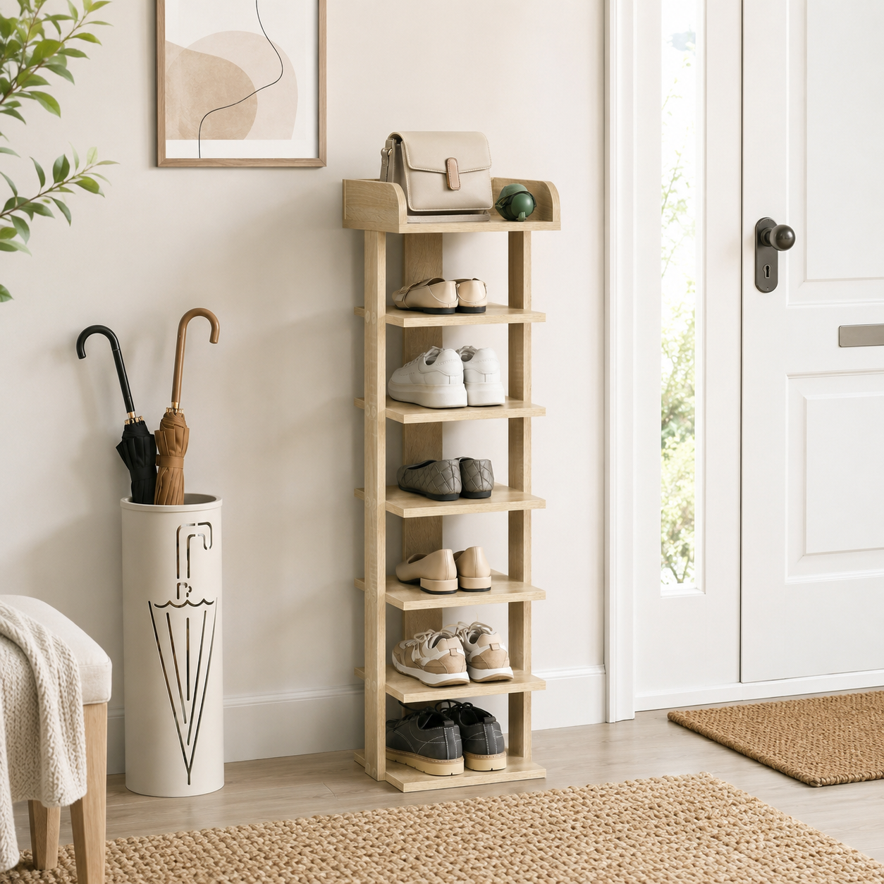 Shoe Rack 7-Tier Slim – Particle Board, Oak, 32 × 30 × 104 cm