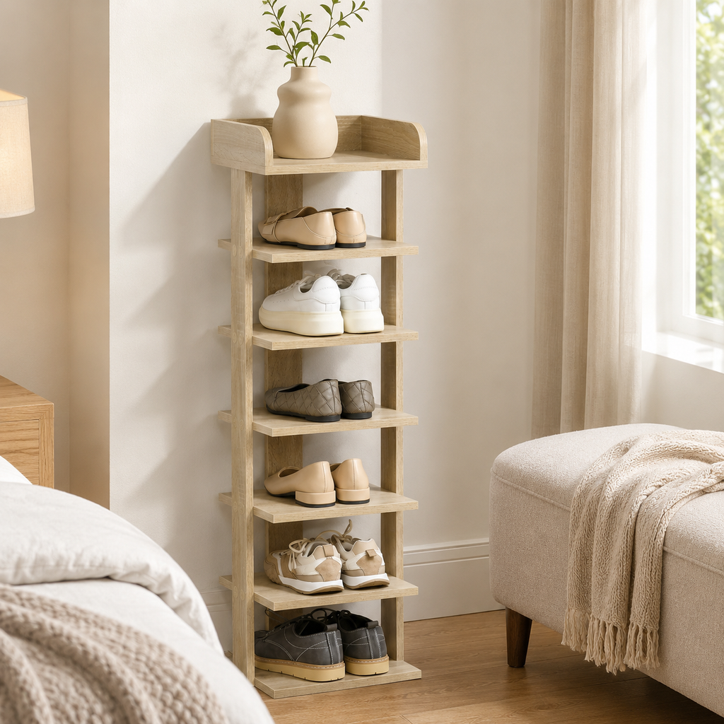 Shoe Rack 7-Tier Slim – Particle Board, Oak, 32 × 30 × 104 cm