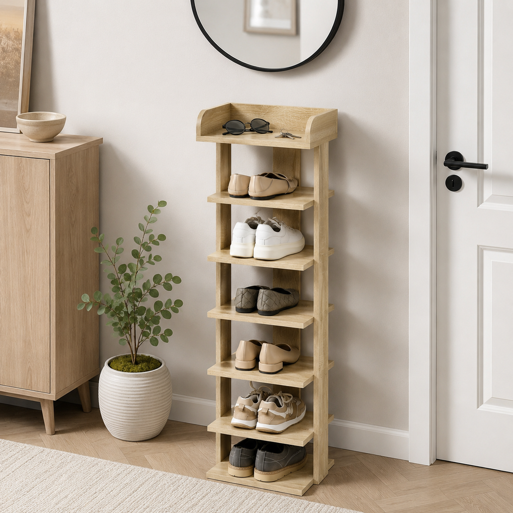 Shoe Rack 7-Tier Slim – Particle Board, Oak, 32 × 30 × 104 cm
