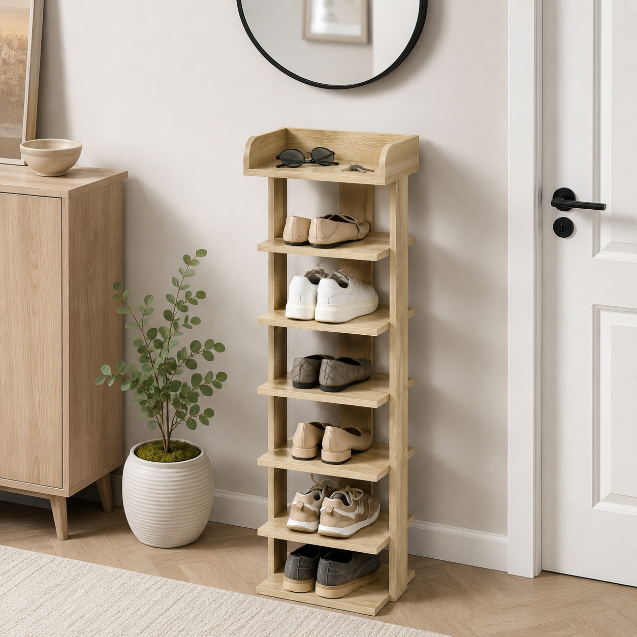 Shoe Rack 7-Tier Slim – Particle Board, Oak, 32 × 30 × 104 cm