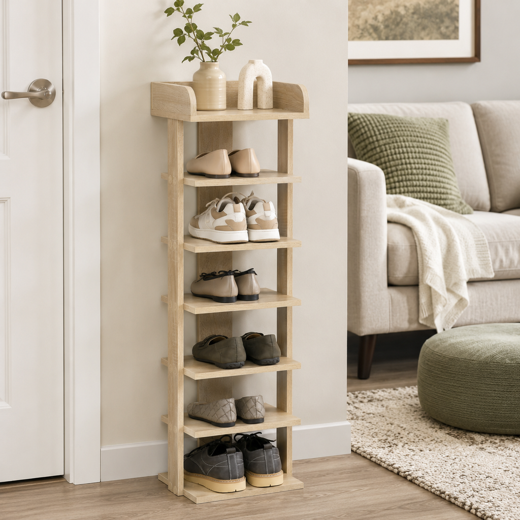 Shoe Rack 7-Tier Slim – Particle Board, Oak, 32 × 30 × 104 cm
