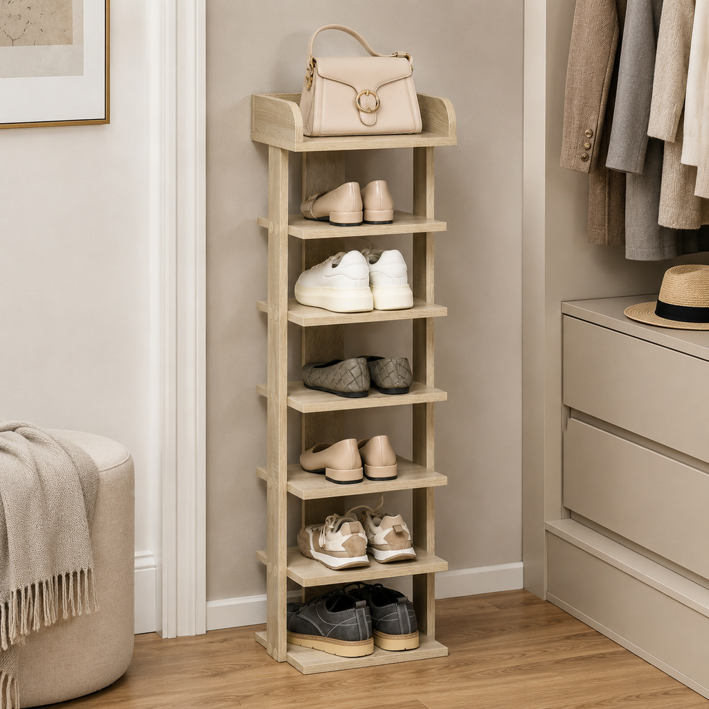 Shoe Rack 7-Tier Slim – Particle Board, Oak, 32 × 30 × 104 cm