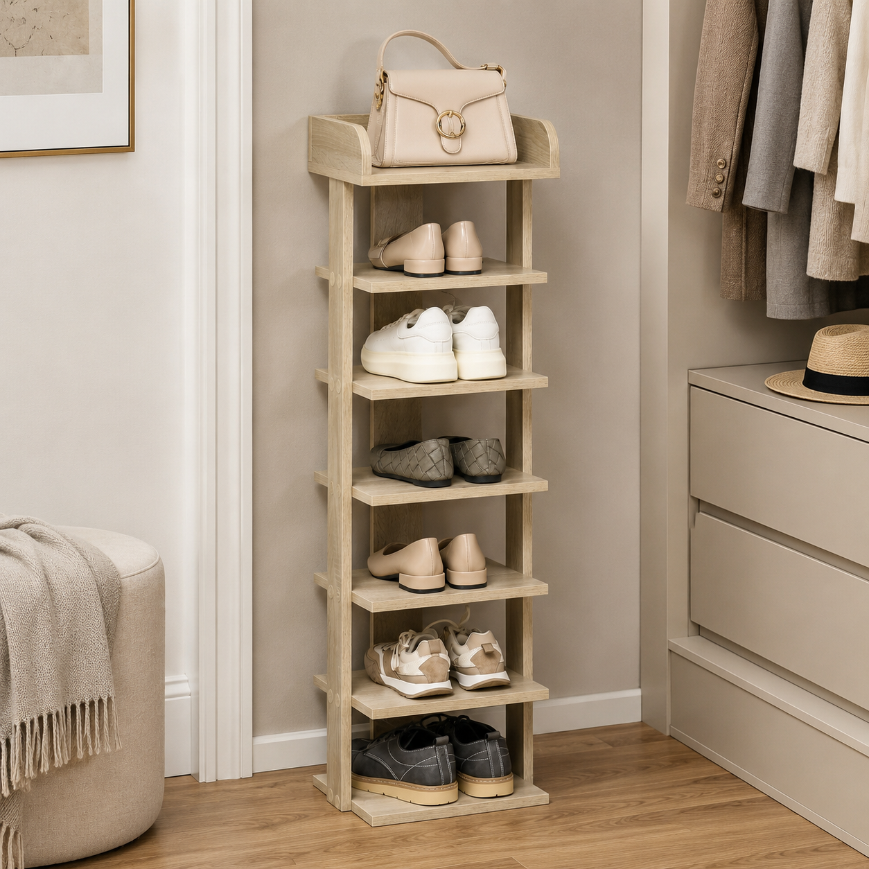 Shoe Rack 7-Tier Slim – Particle Board, Oak, 32 × 30 × 104 cm
