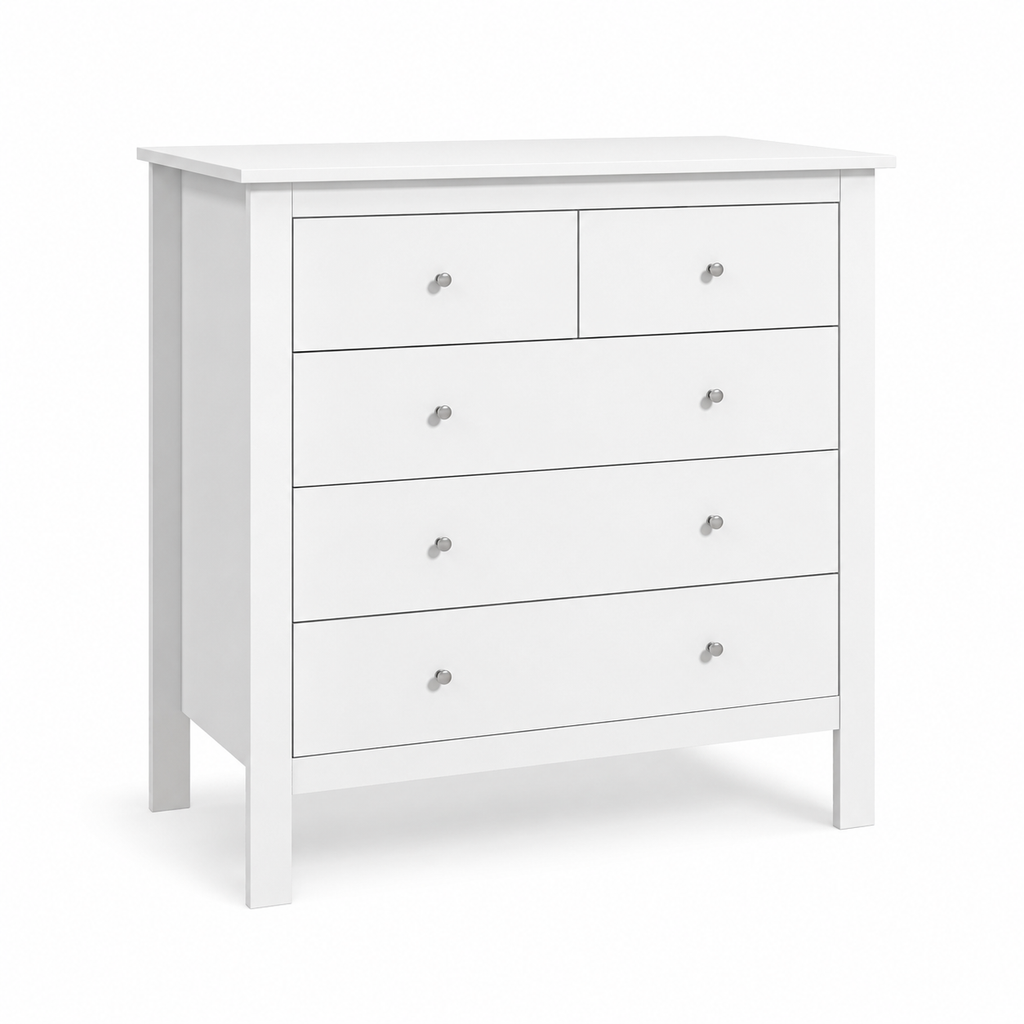 Chest of Drawers 5-Drawer with Metal Handles – MDF, White, 79 × 39.5 × 80.5 cm