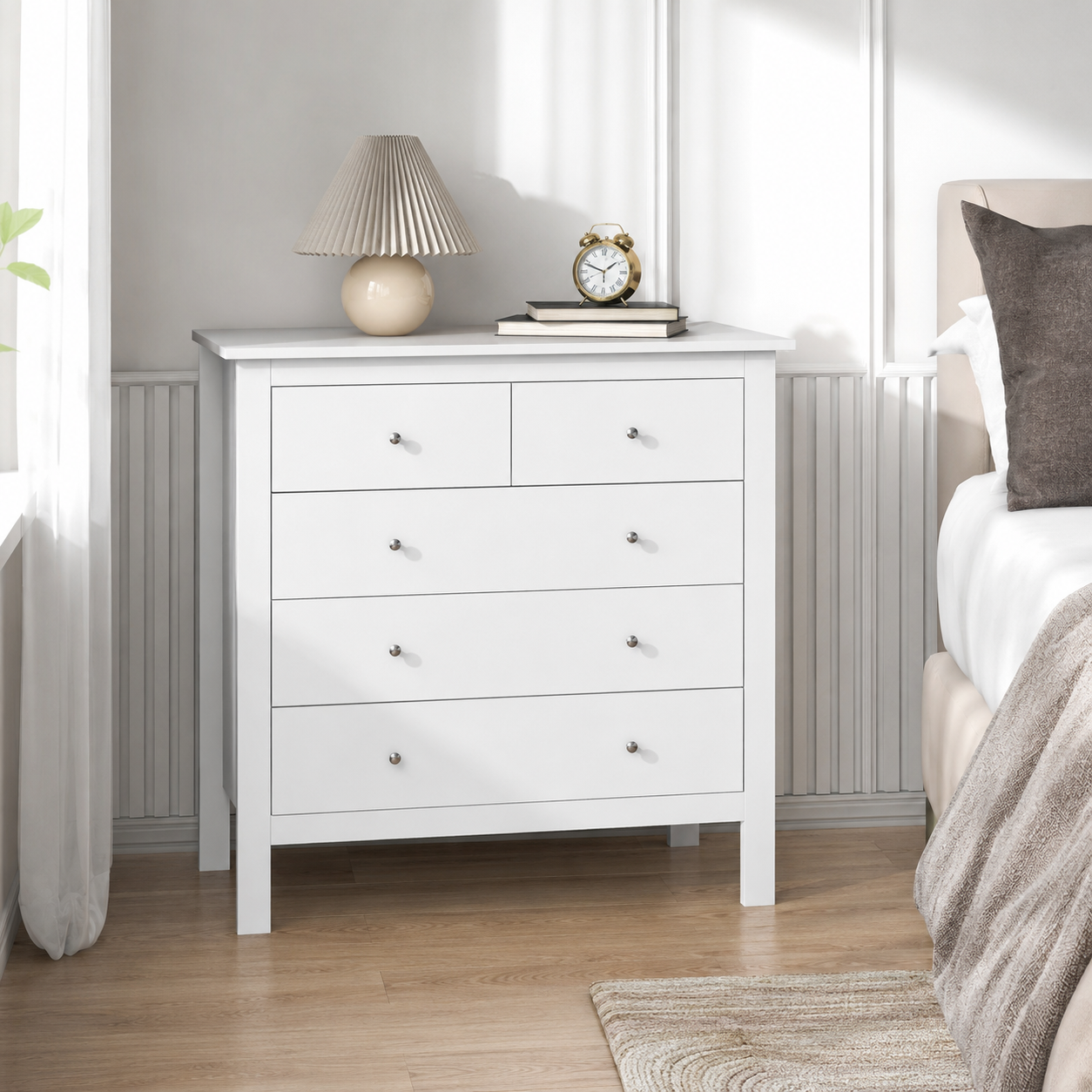Chest of Drawers 5-Drawer with Metal Handles – MDF, White, 79 × 39.5 × 80.5 cm