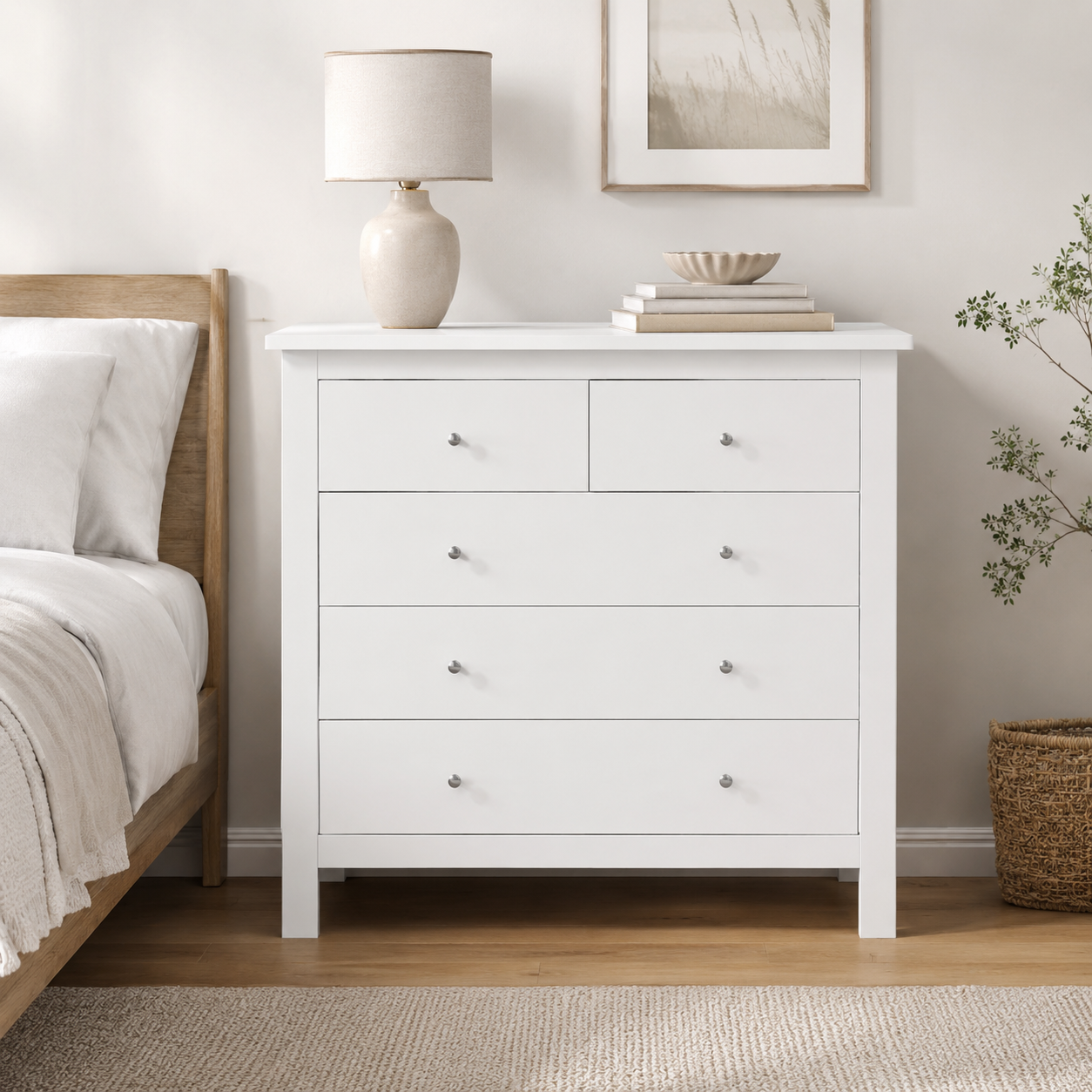 Chest of Drawers 5-Drawer with Metal Handles – MDF, White, 79 × 39.5 × 80.5 cm