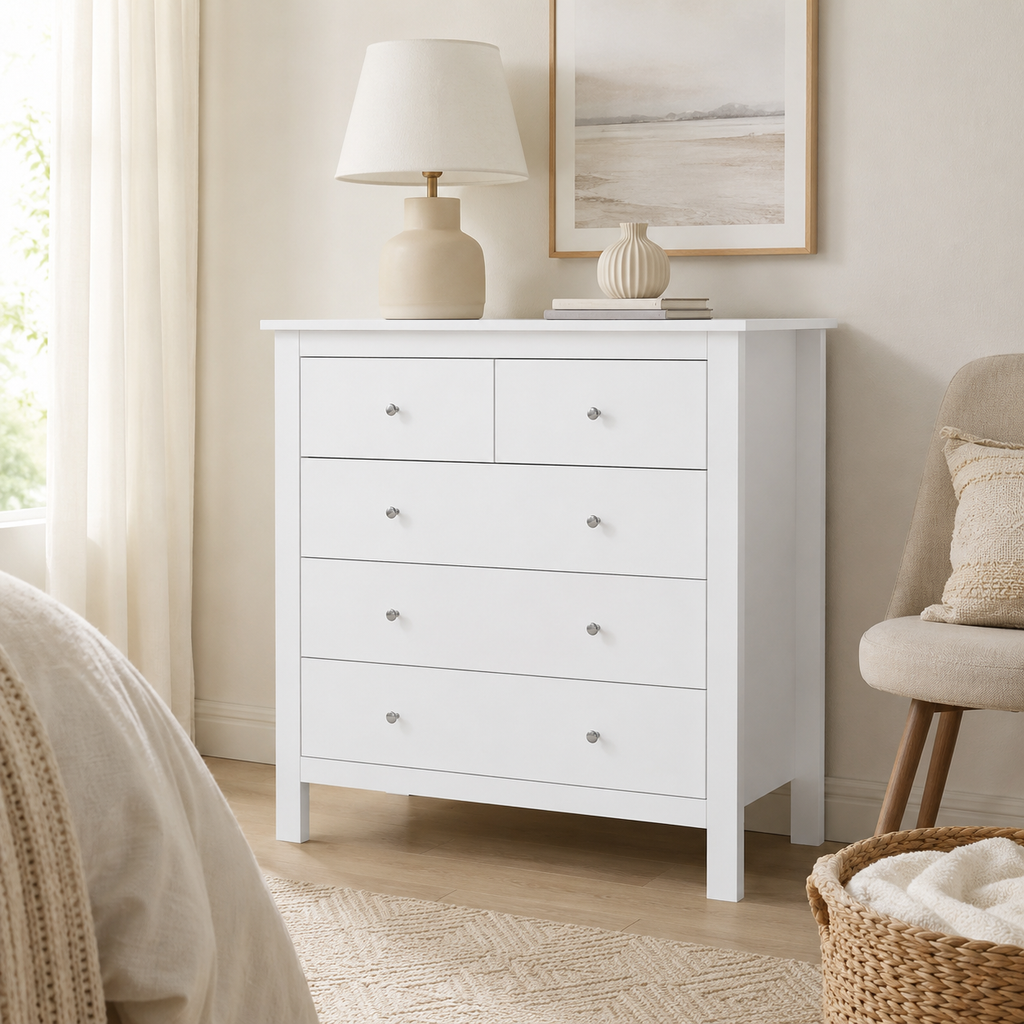 Chest of Drawers 5-Drawer with Metal Handles – MDF, White, 79 × 39.5 × 80.5 cm