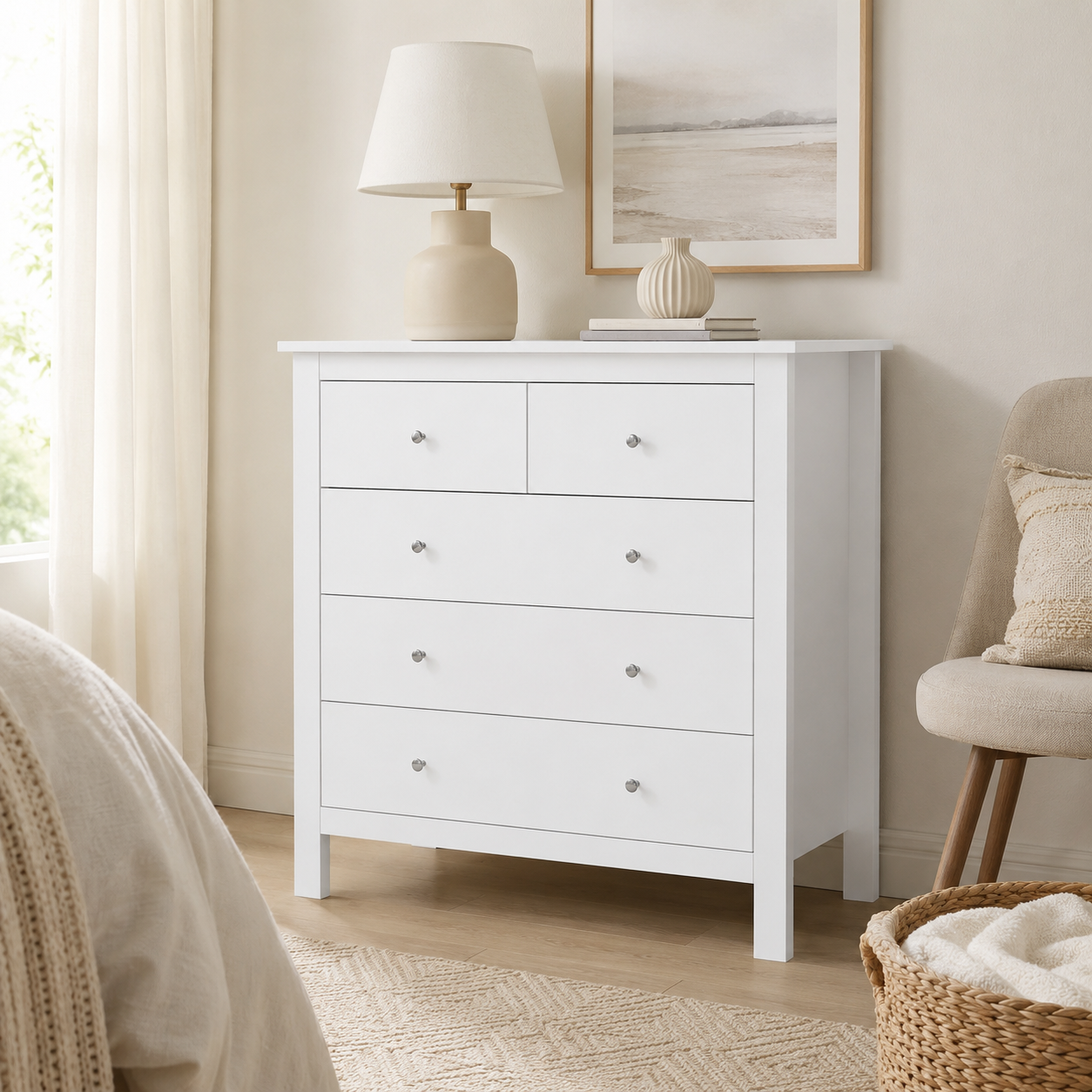 Chest of Drawers 5-Drawer with Metal Handles – MDF, White, 79 × 39.5 × 80.5 cm