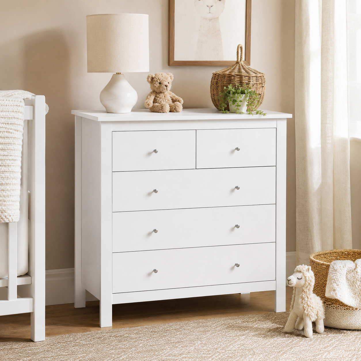 Chest of Drawers 5-Drawer with Metal Handles – MDF, White, 79 × 39.5 × 80.5 cm