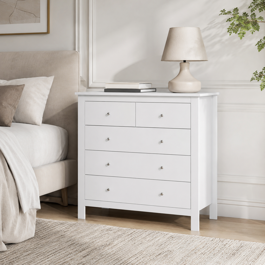 Chest of Drawers 5-Drawer with Metal Handles – MDF, White, 79 × 39.5 × 80.5 cm