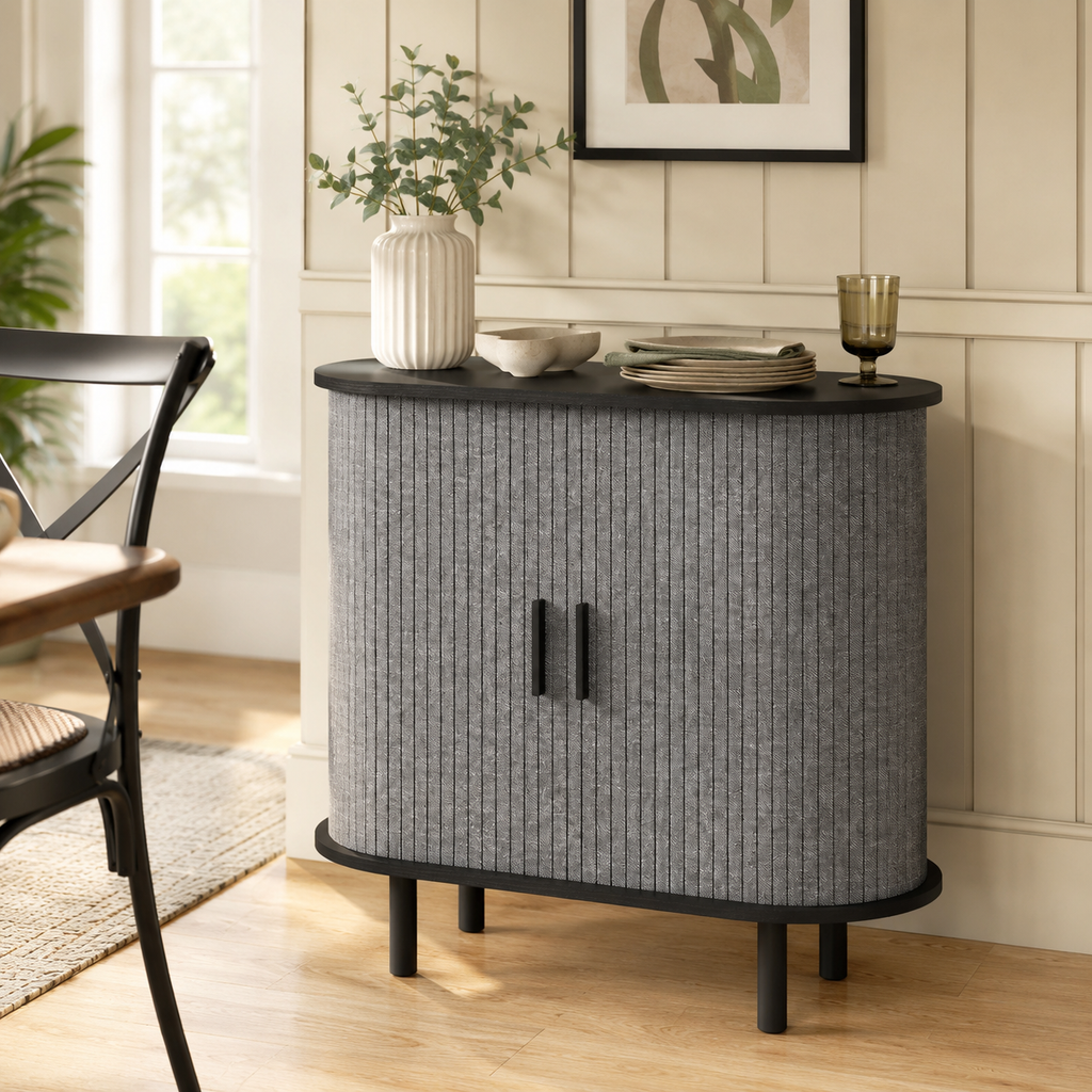 Sideboard Tambour Fluted Sliding Doors – MDF & Pine Legs, Grey, 80 × 40 × 78 cm