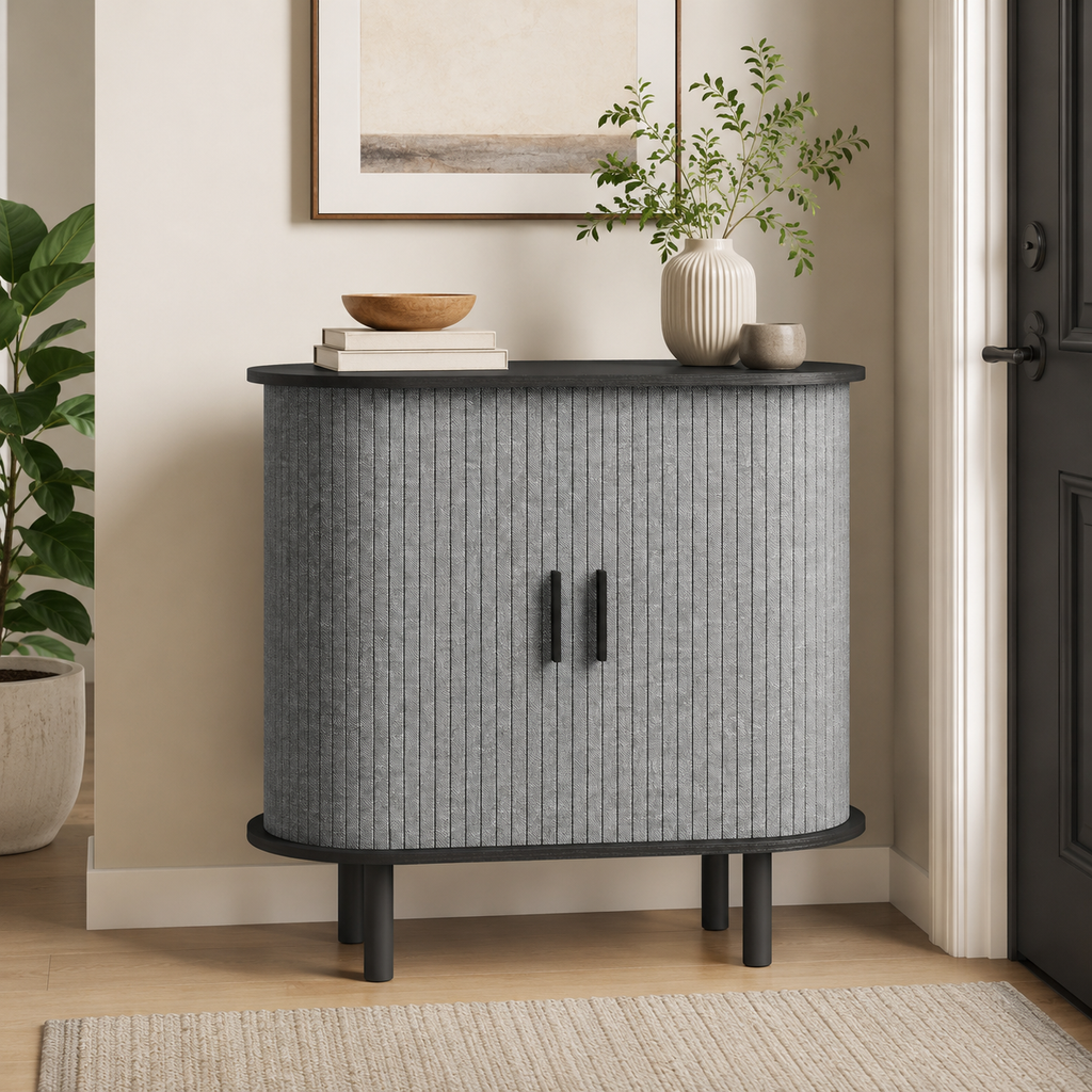 Sideboard Tambour Fluted Sliding Doors – MDF & Pine Legs, Grey, 80 × 40 × 78 cm