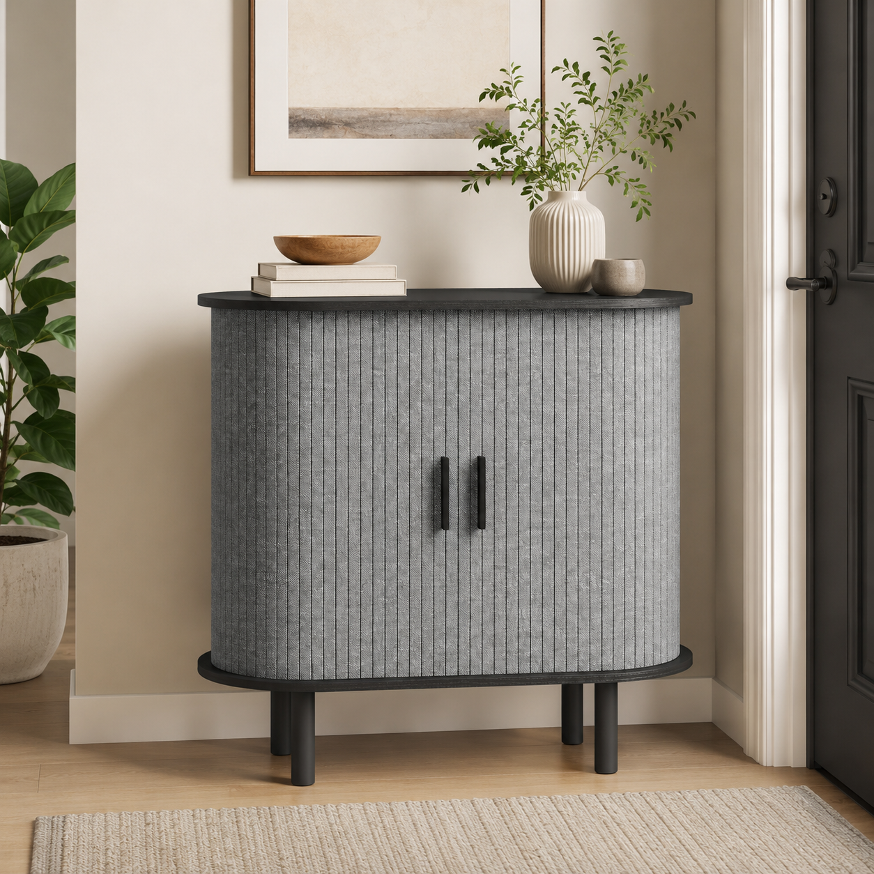 Sideboard Tambour Fluted Sliding Doors – MDF & Pine Legs, Grey, 80 × 40 × 78 cm