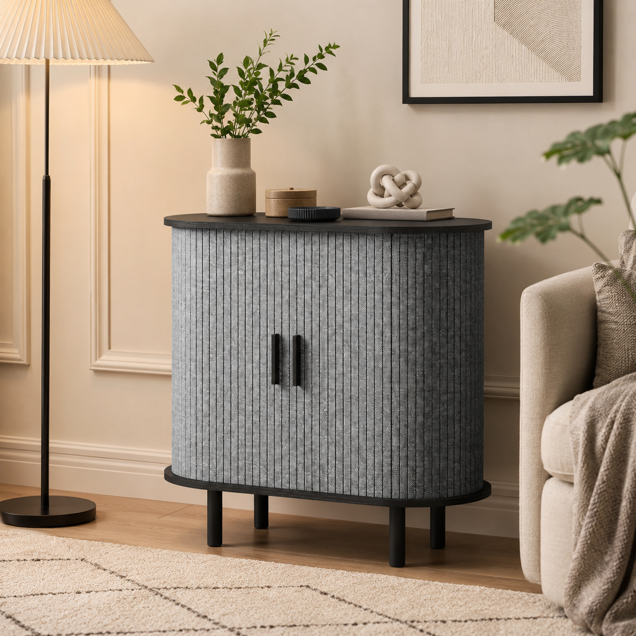 Sideboard Tambour Fluted Sliding Doors – MDF & Pine Legs, Grey, 80 × 40 × 78 cm