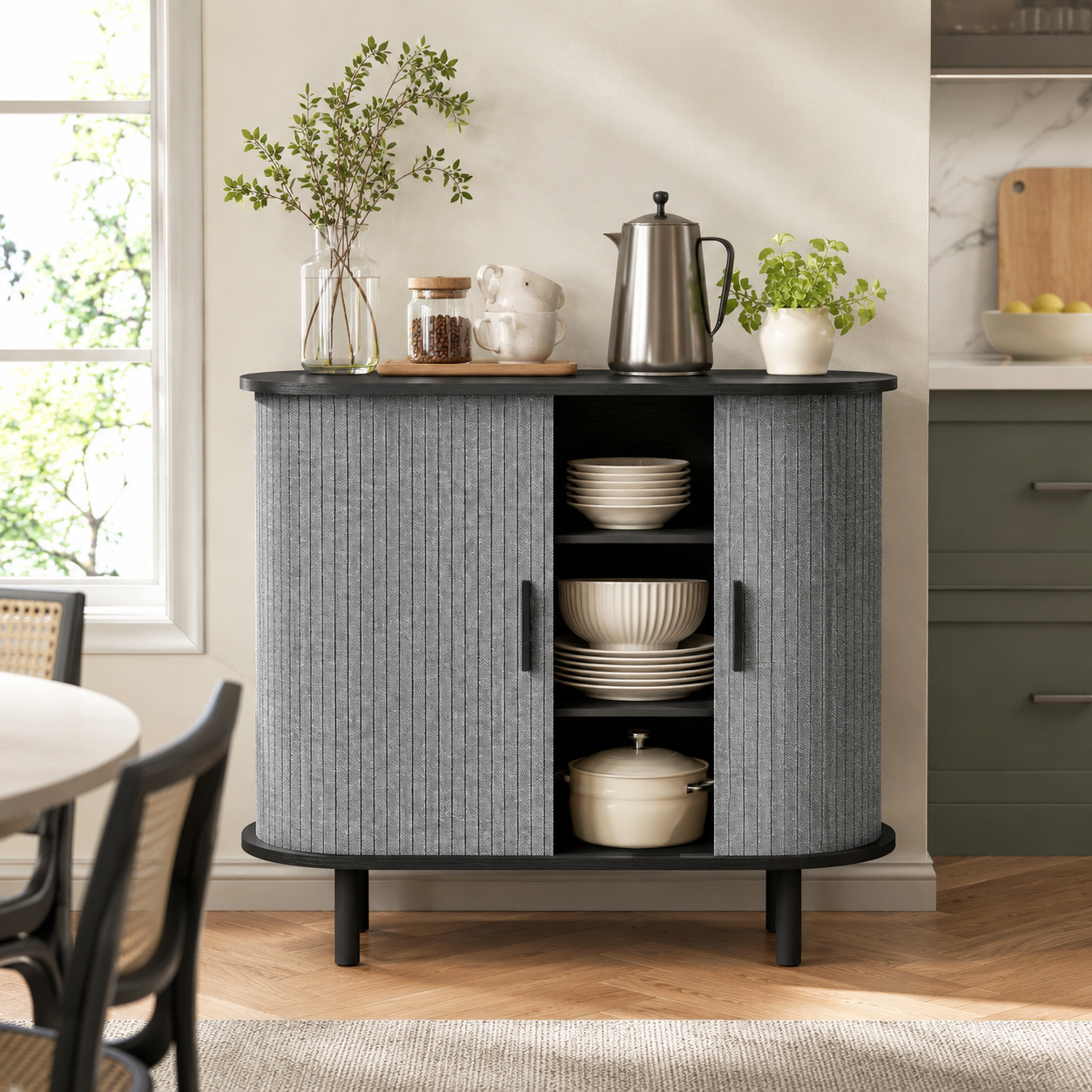 Sideboard Tambour Fluted Sliding Doors – MDF & Pine Legs, Grey, 80 × 40 × 78 cm